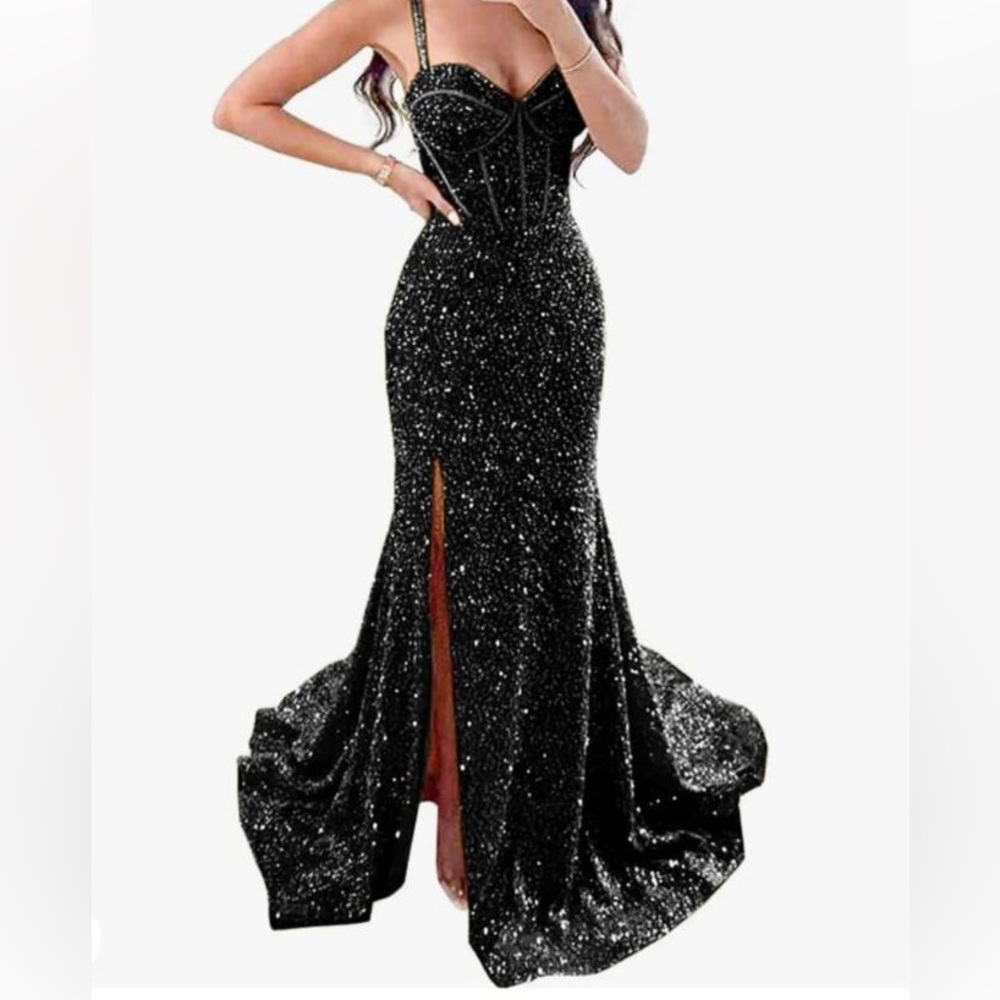Black sequin slit corset prom dress